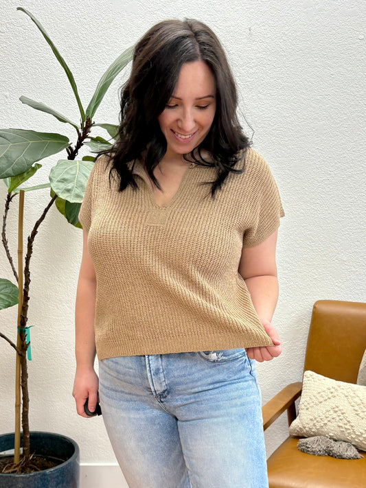 Tan Split Neck Knit Pullover