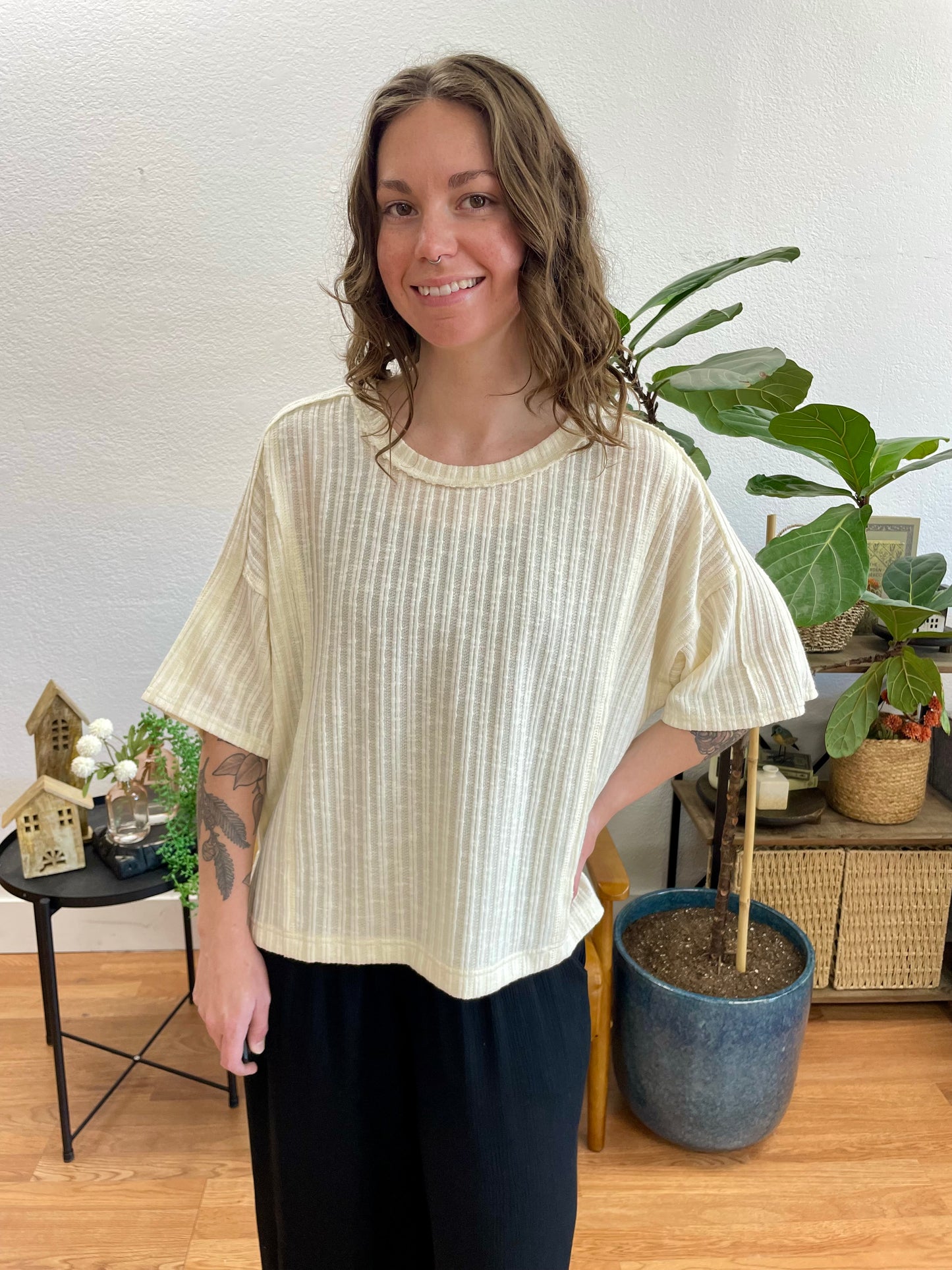 Cream Star Patch Ribbed Top