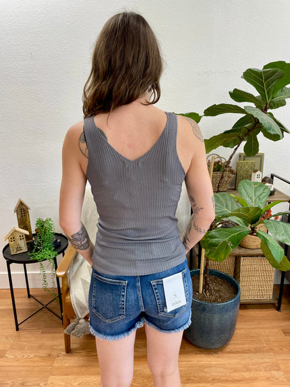 Charcoal Ribbed V Neck Tank