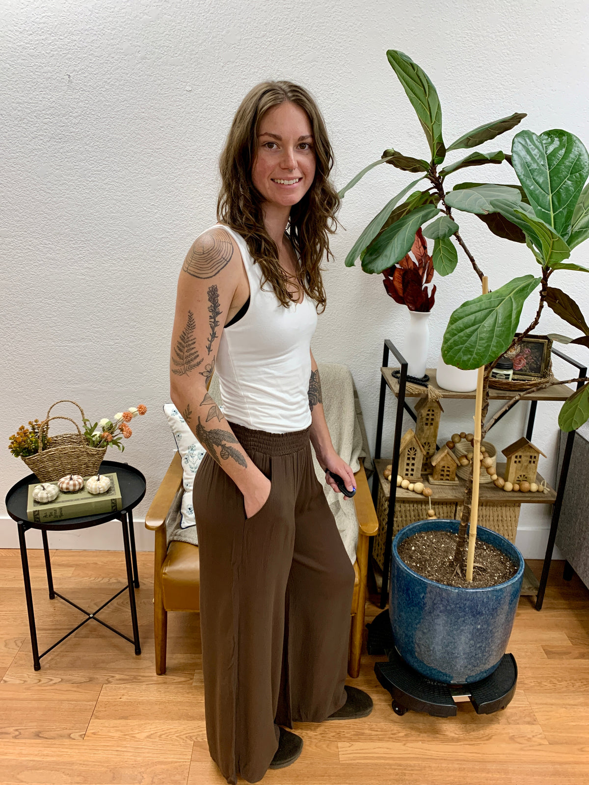 Chocolate Wide Leg Smocked Cropped Pants