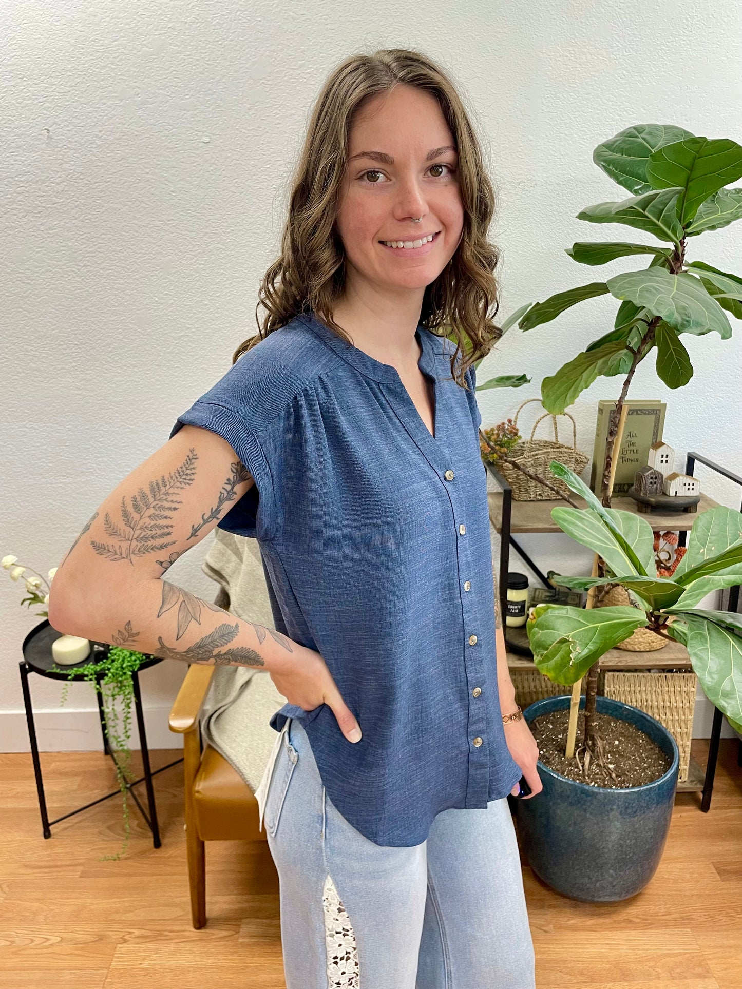Navy Rolled Sleeve Woven Top