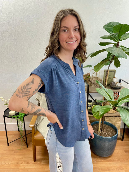 Navy Rolled Sleeve Woven Top