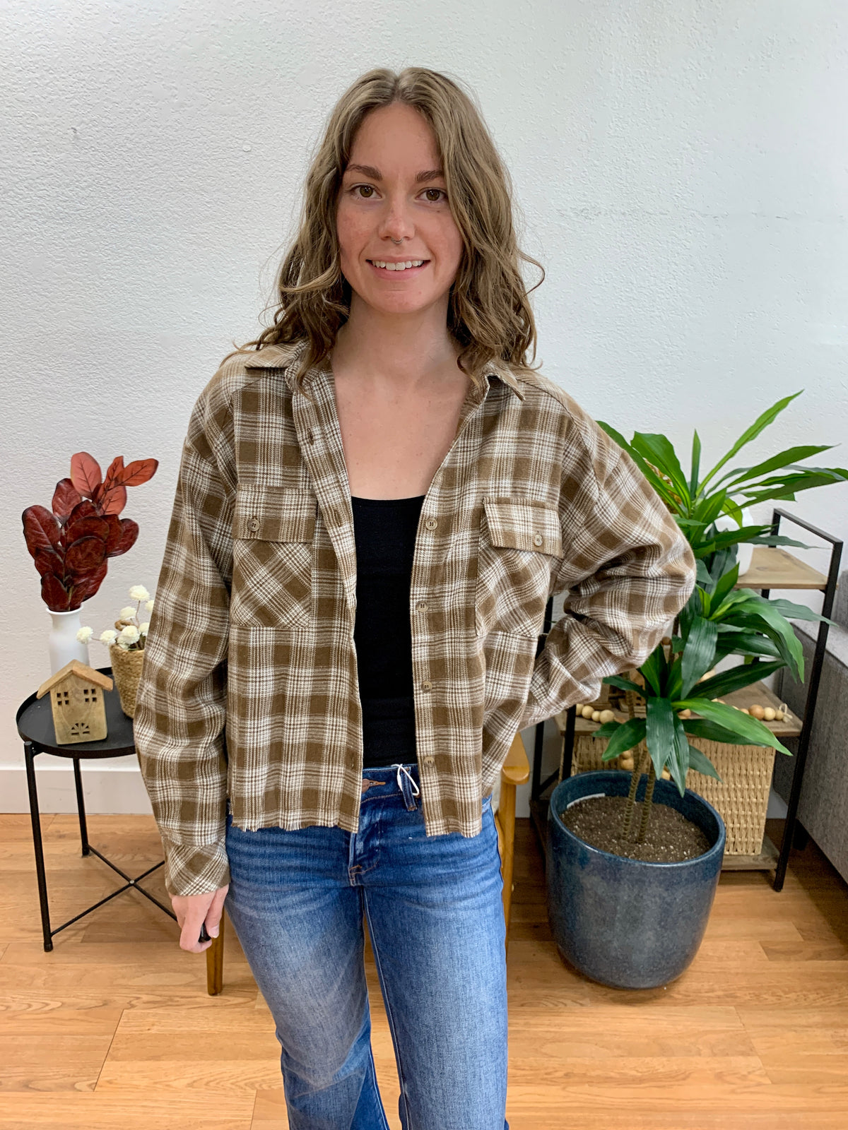 Mocha Cropped Plaid Shirt