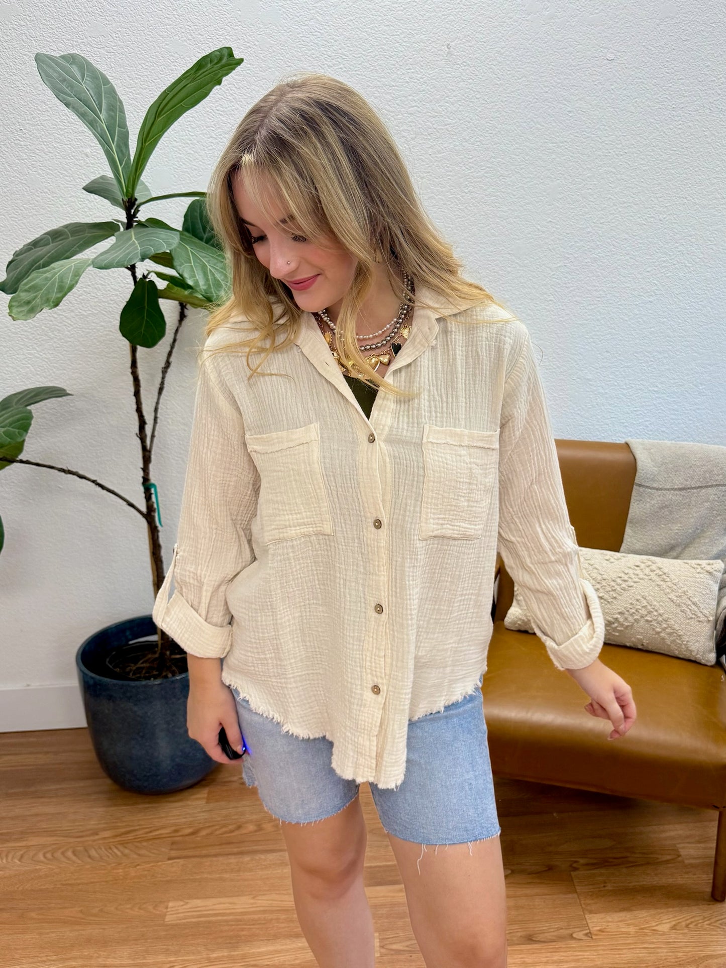 Sand Double Gauze Button Down Top
