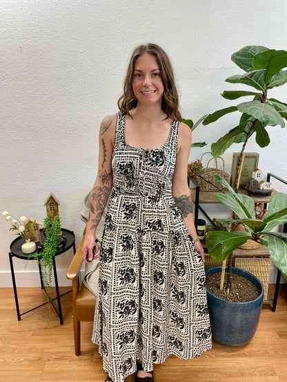 Black Tile Print Midi Dress