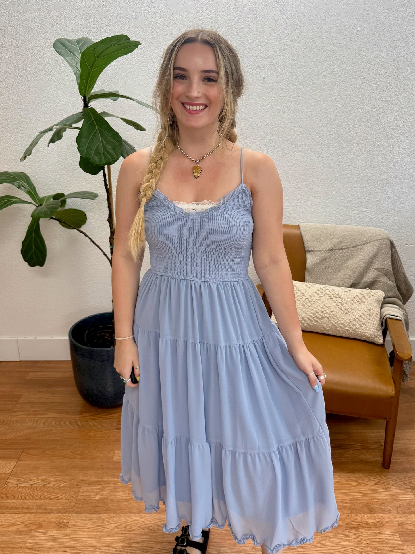 Dusty Blue Chiffon Bodice Midi Dress