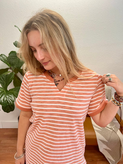 Coral Washed Striped Casual Top