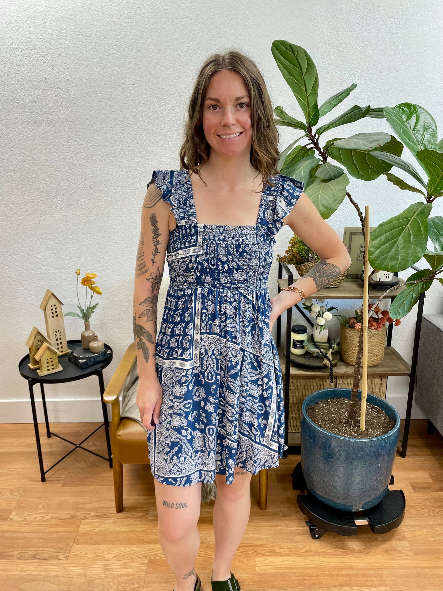 Denim Smocked Bodice Dress
