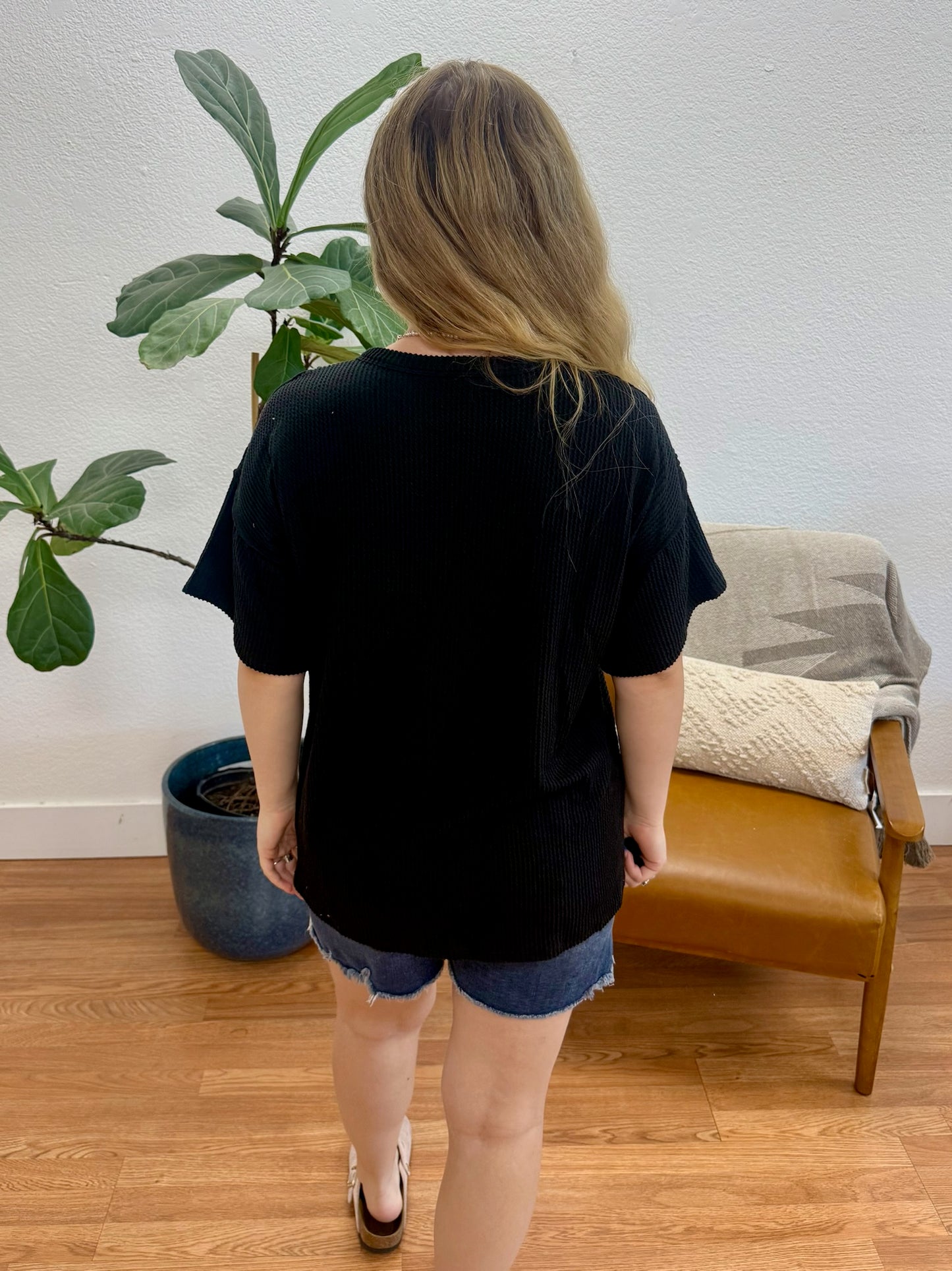 Black Urban Ribbed Button Top