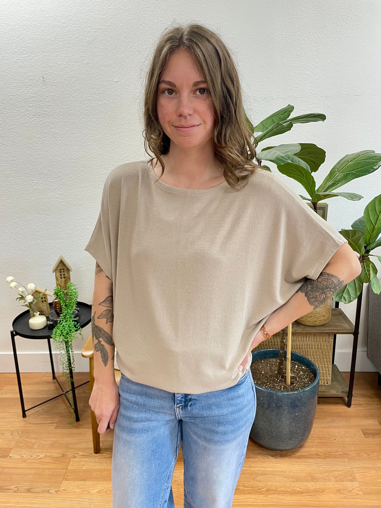 Mocha Dolman Sleeve Boat Neck Top