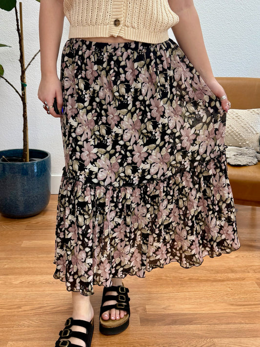 Black Floral Crinkle Chiffon Skirt