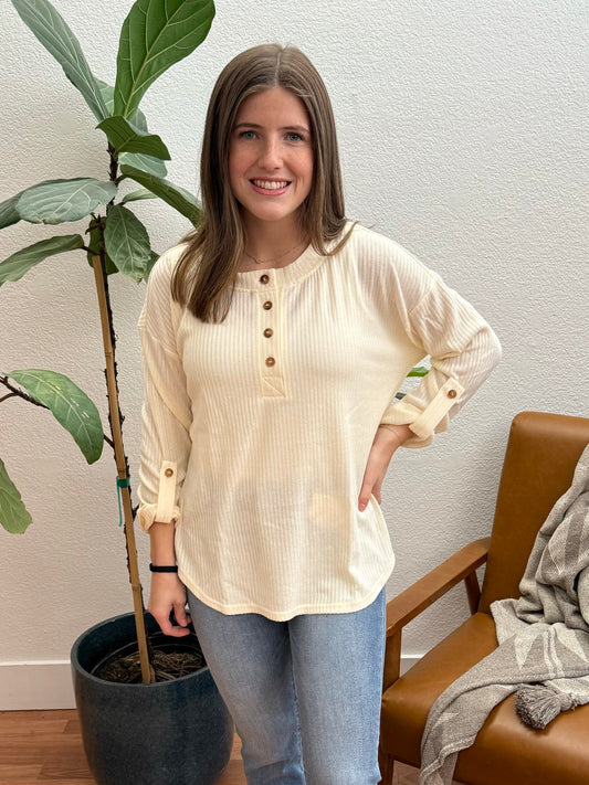 Cream 3/4 Sleeve Henley Knit Top