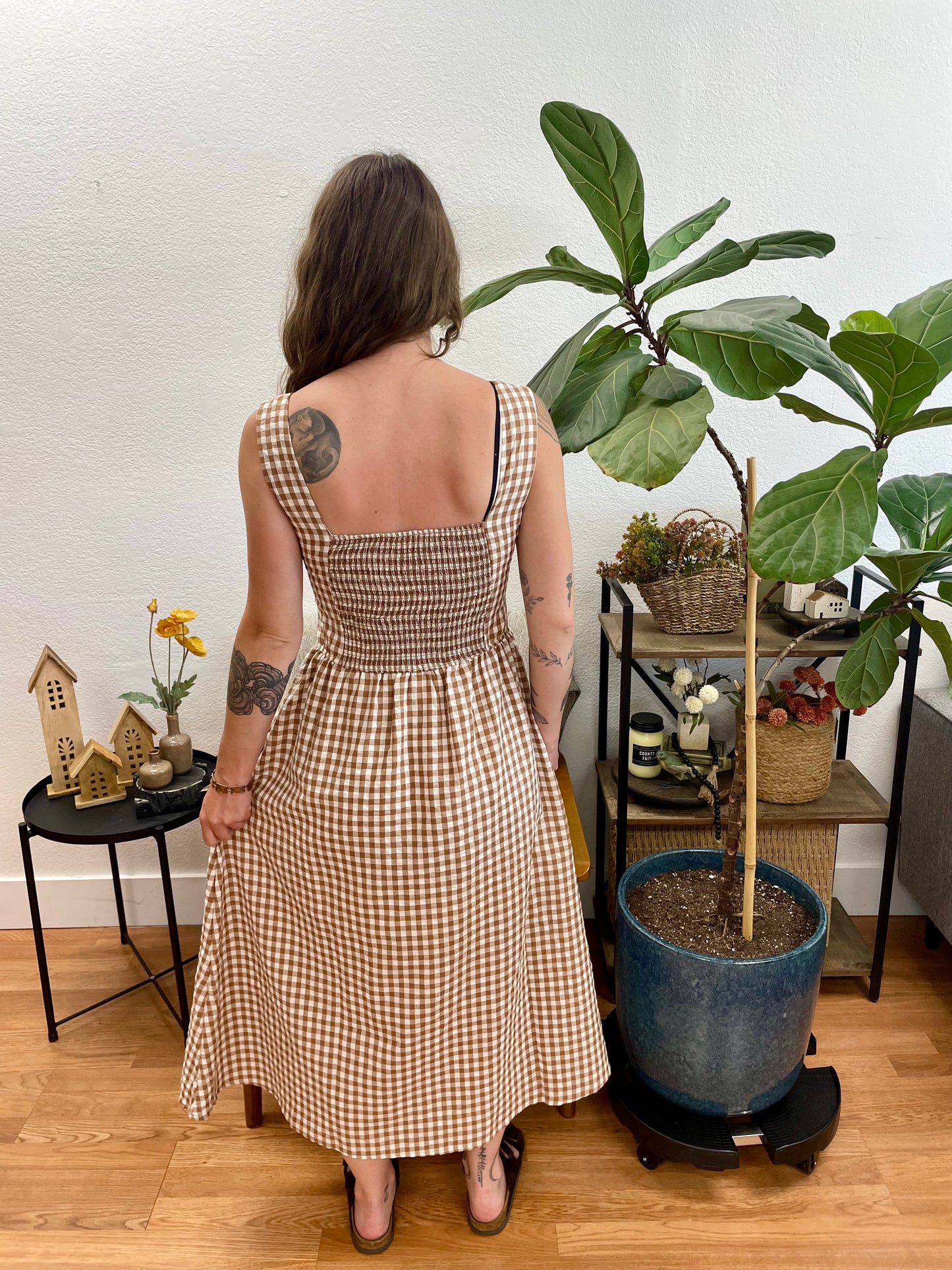 Brown Plaid Basque Waist Midi Dress