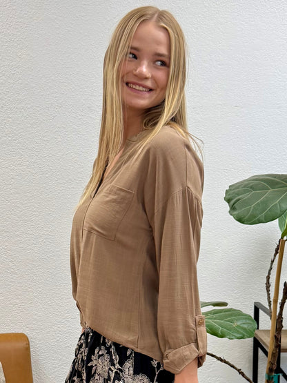 Mocha Woven Tab Sleeve Blouse
