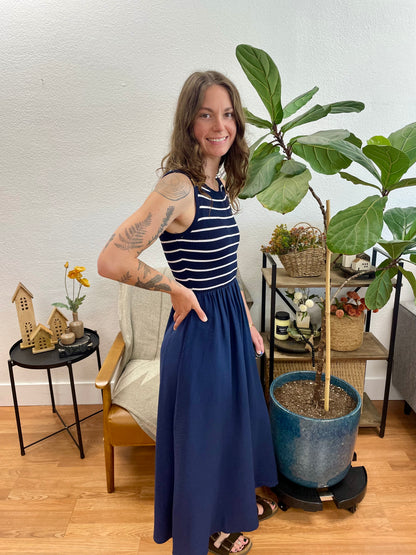 Navy Striped Bodice Sleeveless Dress