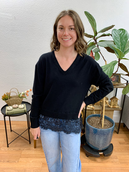 Black Lace Hem Sweater