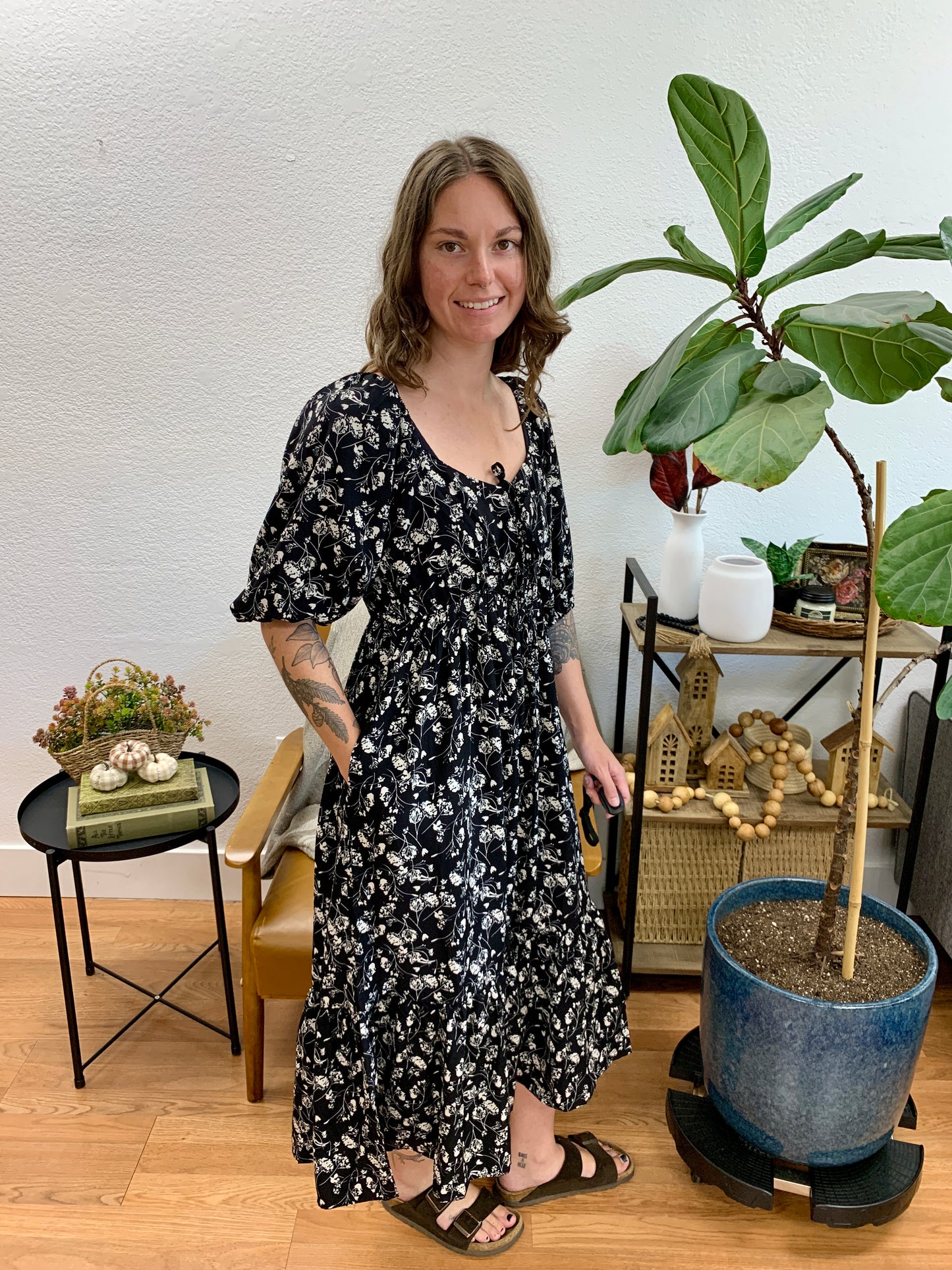 Black Floral Front Tie Midi Dress