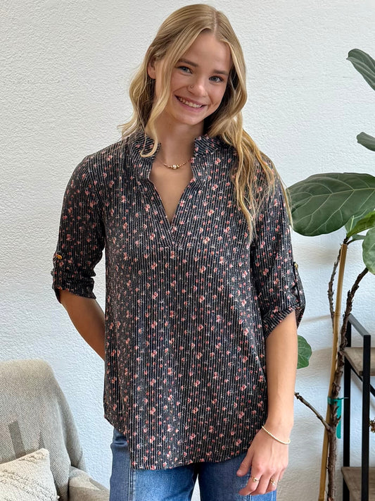 Ribbed Floral Print Washed Black Top
