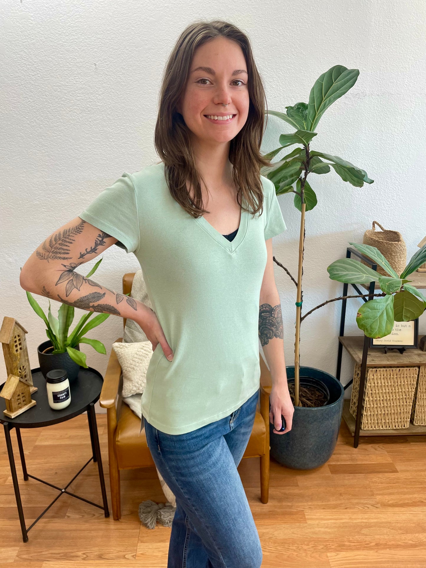 Sage Classic Slim V Neck Tee