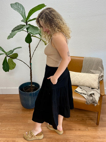 Black Double Gauze Tiered Maxi Skirt