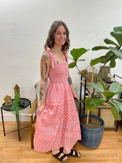 Pink Square Neck Ruffle Tiered Midi Dress