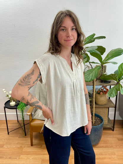 Brown Split Neck Stripe Blouse