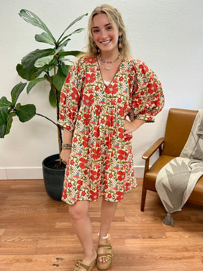Coral Floral Puff Sleeve Mini Dress