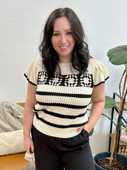 Stripe Short Sleeve Crochet Knit Top