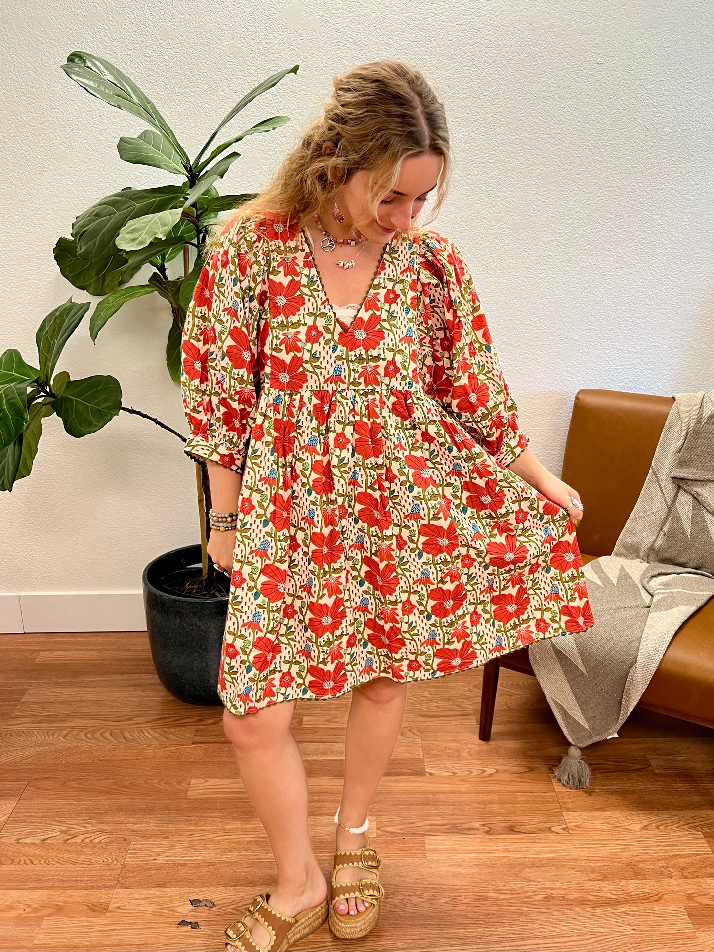 Coral Floral Puff Sleeve Mini Dress
