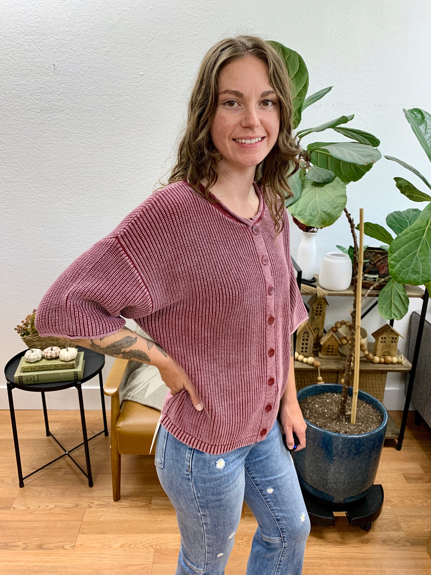 Burgundy Washed Ribbed Cardigan