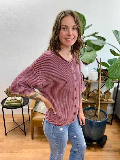 Burgundy Washed Ribbed Cardigan