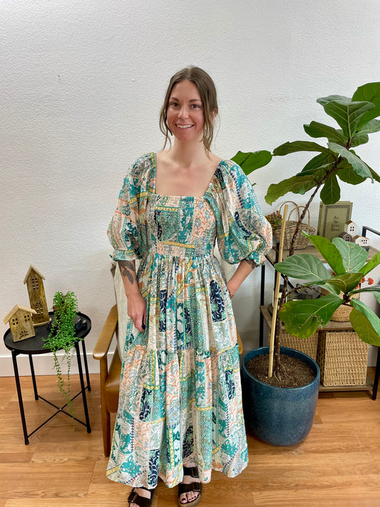Mint Patterned Square Neck Midi Dress