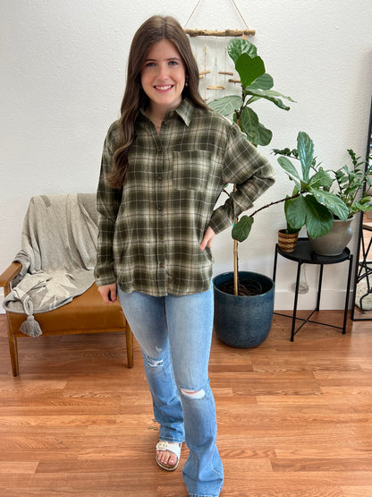 Olive Boyfriend Plaid Button Up Shirt