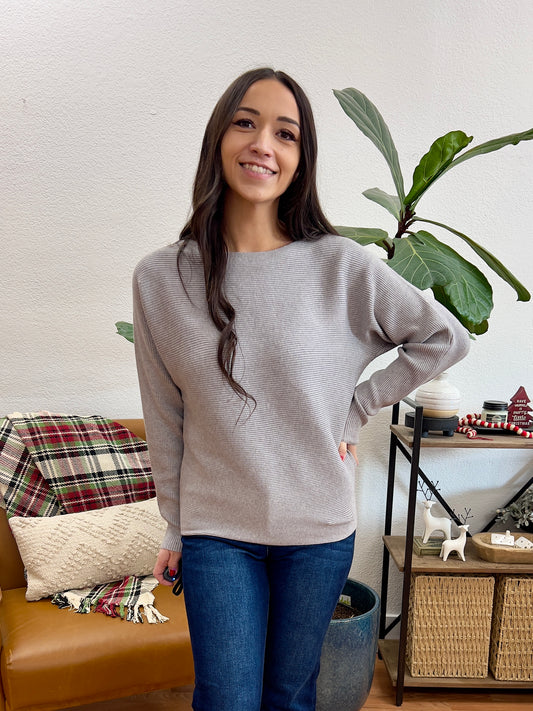 Grey Ribbed Dolman Sweater