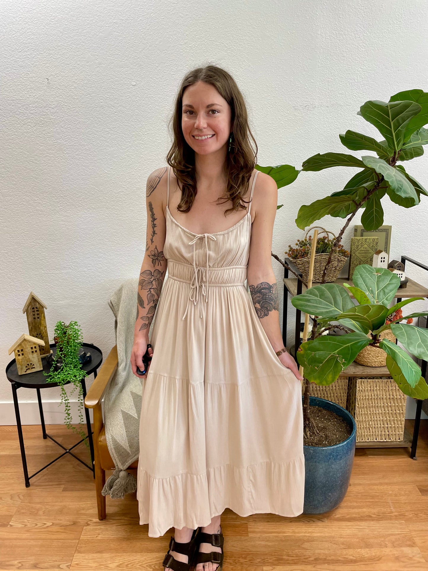 Natural Front Tie Smocked Tiered Dress