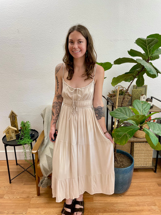 Natural Front Tie Smocked Tiered Dress