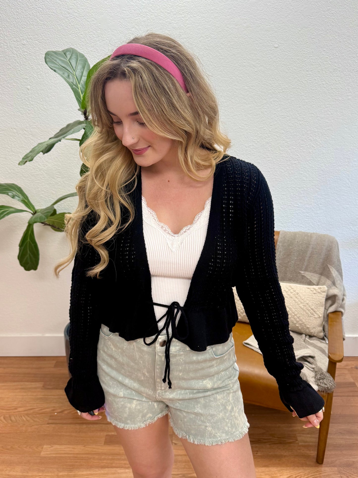 Black Crochet Ruffle Cardigan