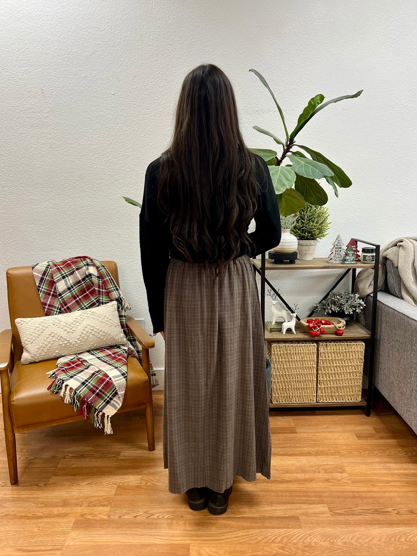 Olive Plaid Pocket Midi Skirt