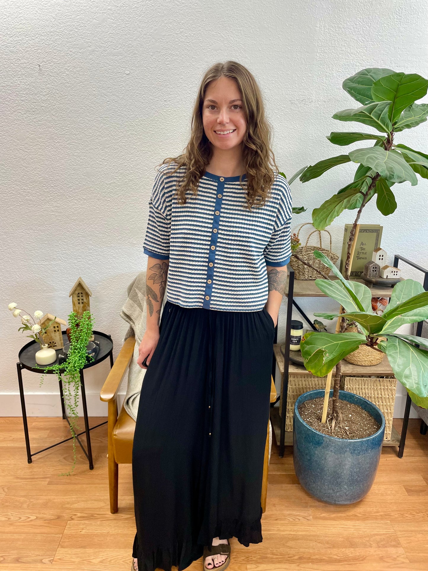 Black Ruffle Hem Drawstring Pants