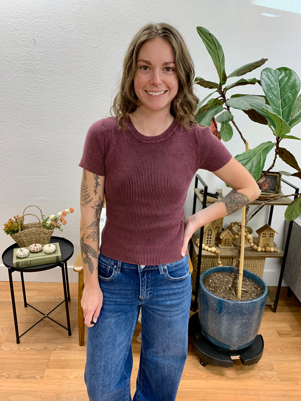 Maroon Washed Ribbed Knit Top