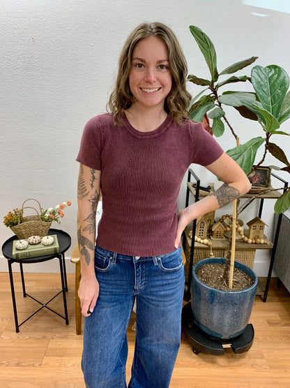 Maroon Washed Ribbed Knit Top