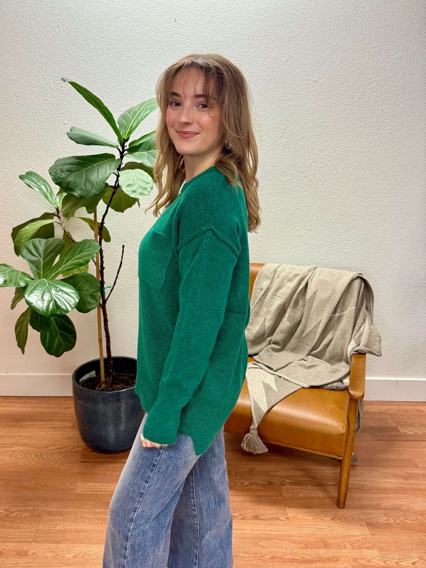 Hunter Green High Low Round Hem Sweater