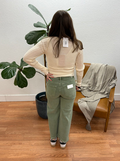 RISEN Olive High Rise Crop Wide Jeans