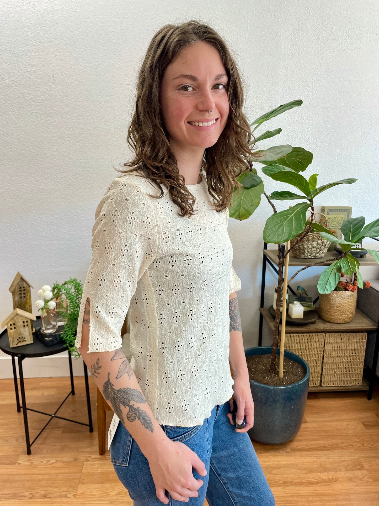 Ivory Boat Neck Lettuce Hem Top