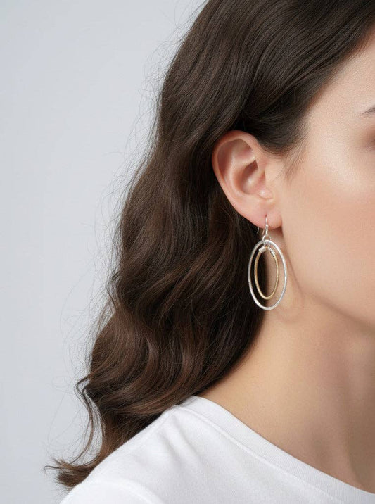 Mixed Metal Hammered Oval Artistic Dangle Earrings