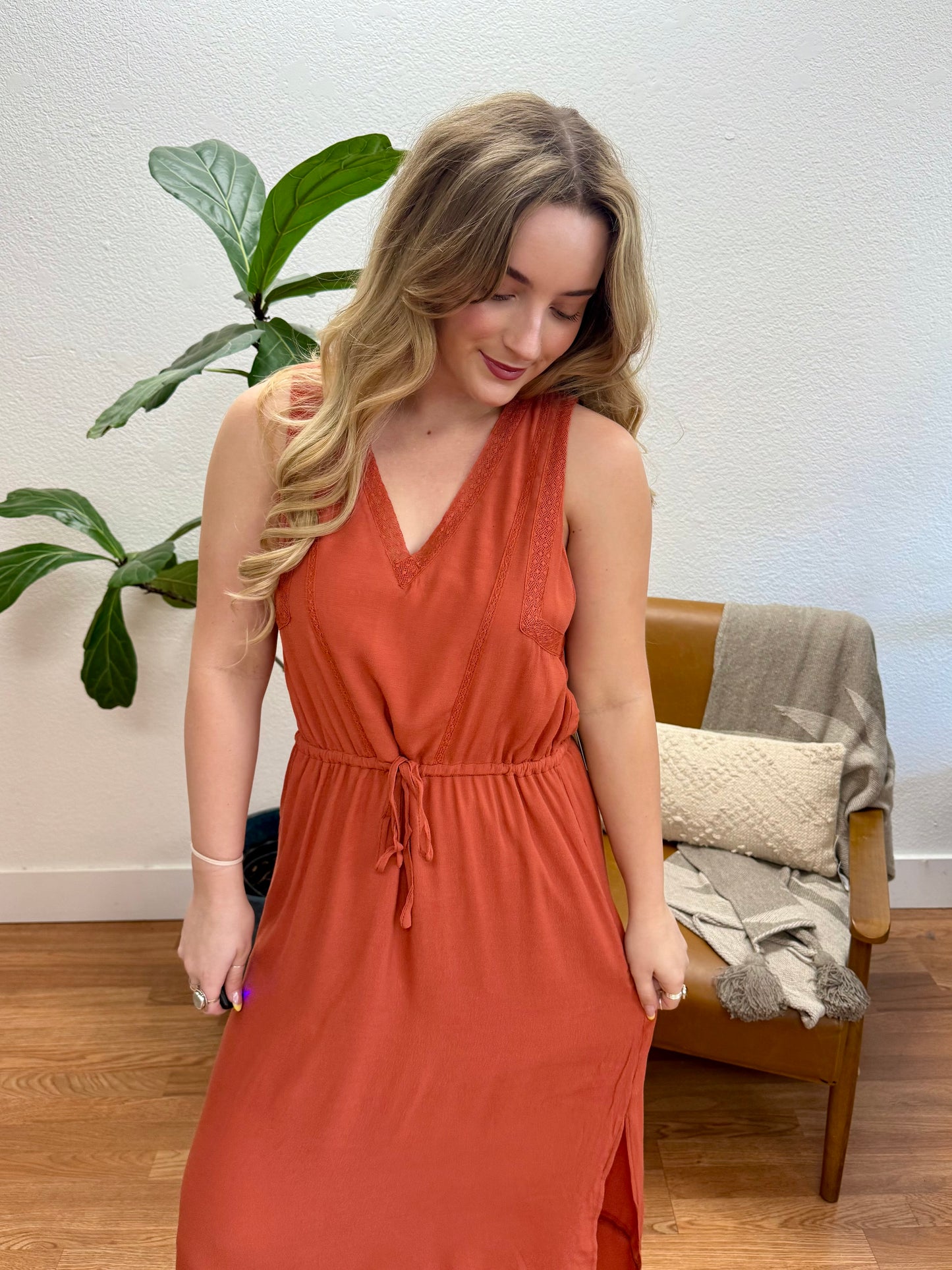 Rust Sleeveless V-Neck Maxi Dress