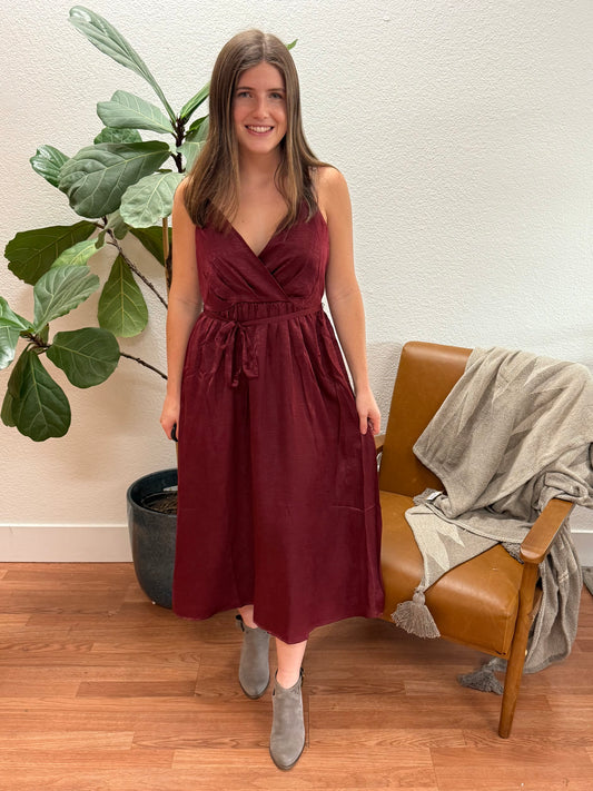 Wine Crushed Satin Surplice Dress