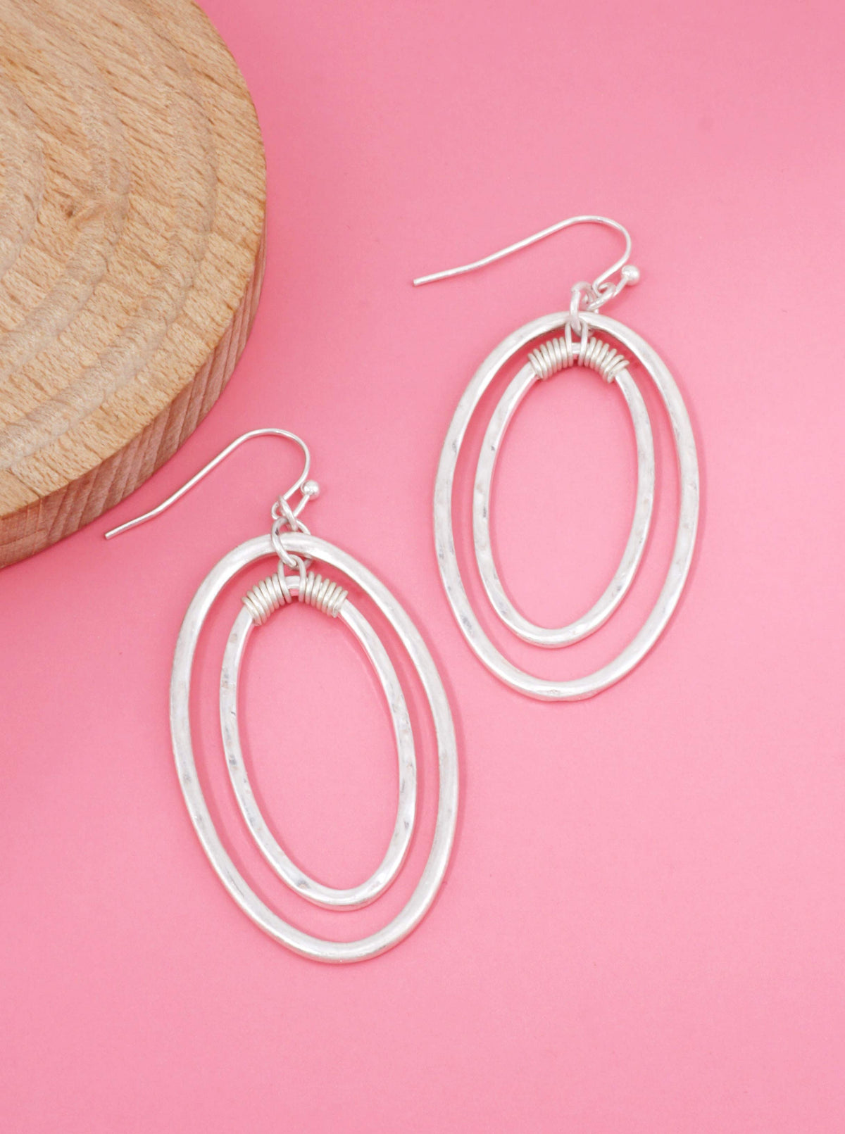 Silver Hammered Oval Artistic Dangle Earrings