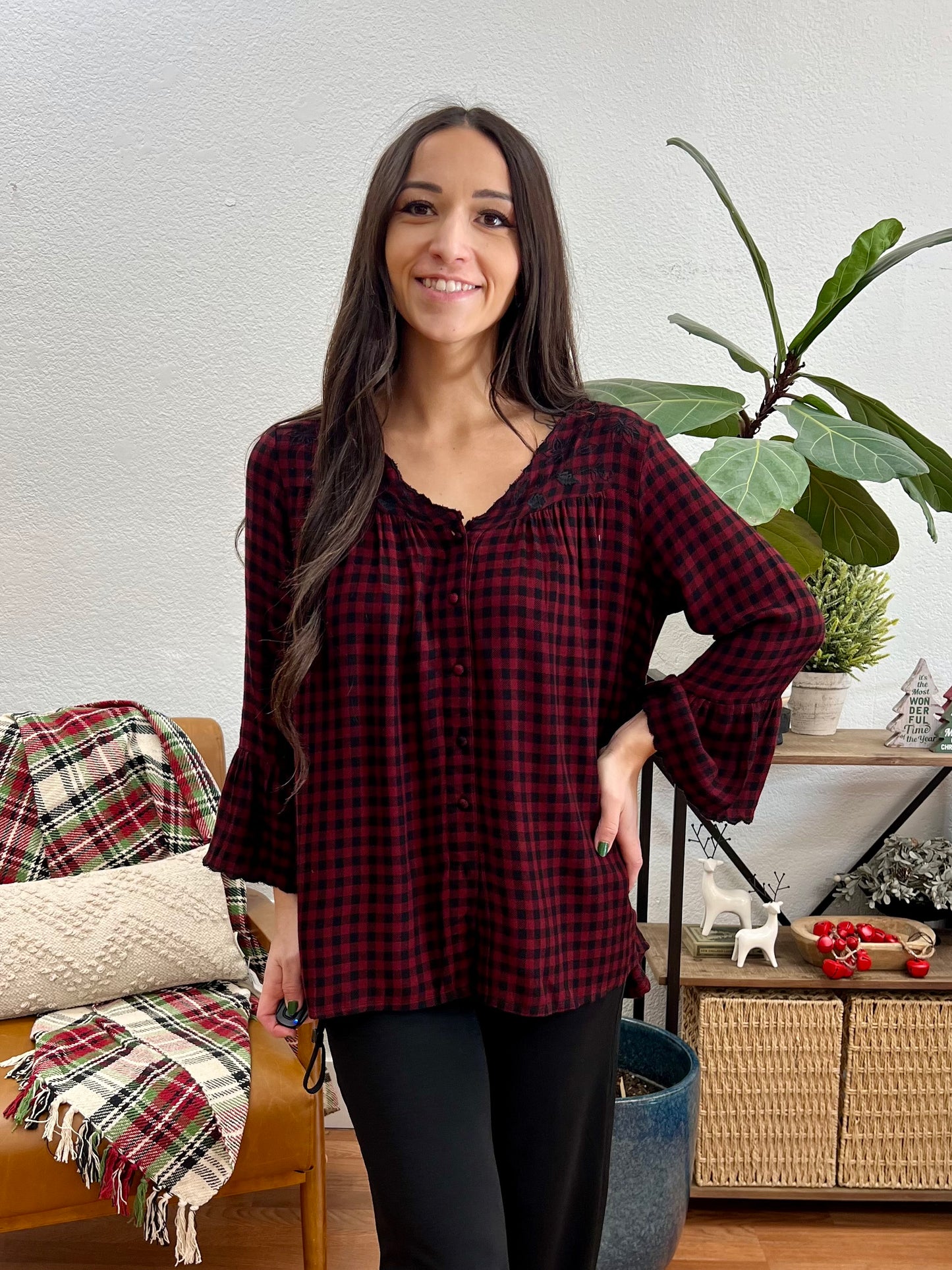 Burgundy Embroidered Gingham Blouse