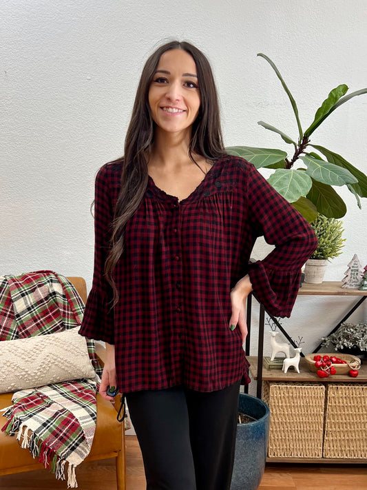 Burgundy Embroidered Gingham Blouse